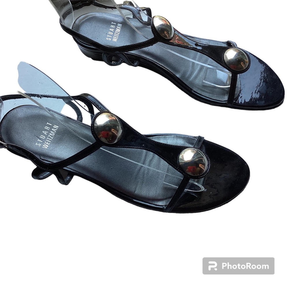 Stuart Weitzman Vintage Black Patent - low wedge sandals.